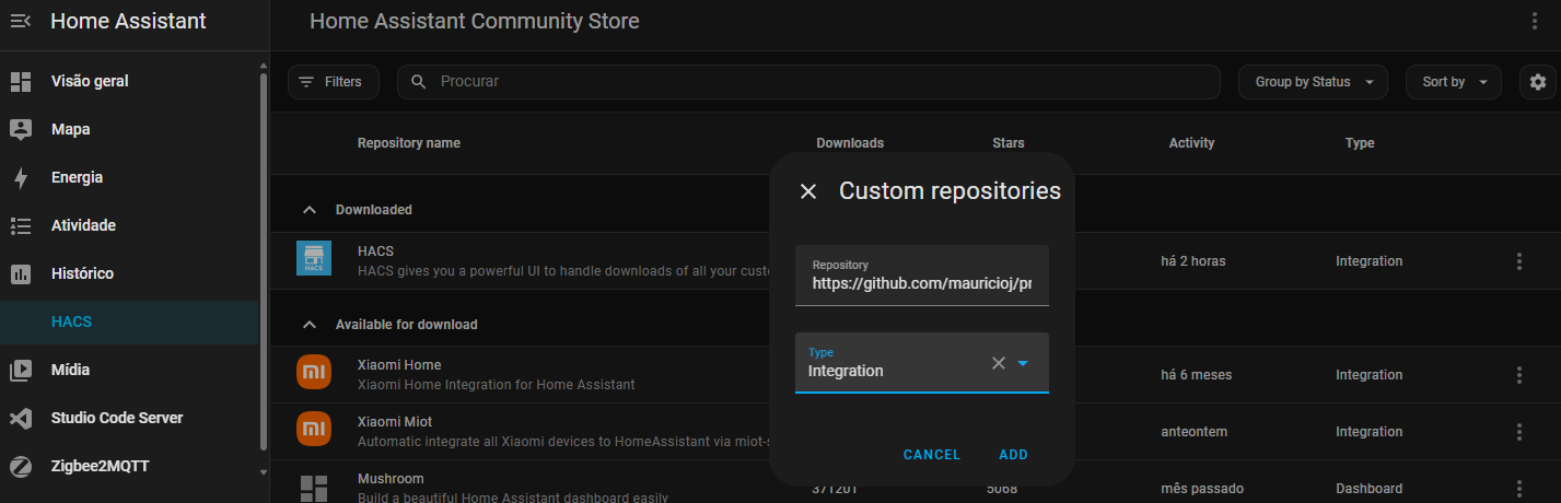 HACS com o repositorio custom adicionado