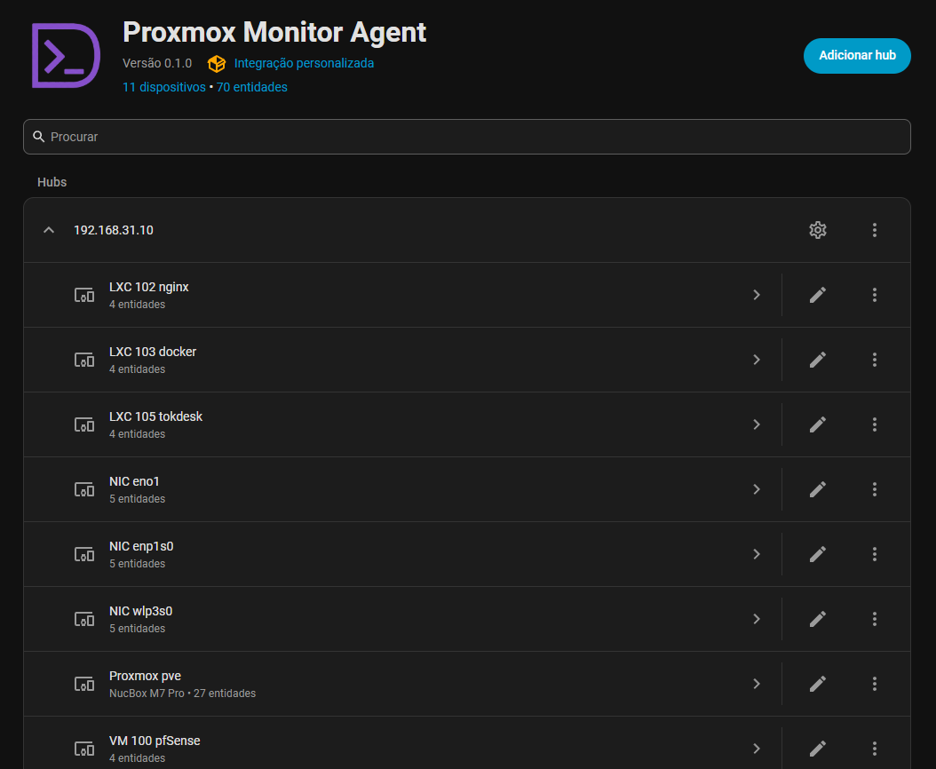 Device principal do host Proxmox no Home Assistant