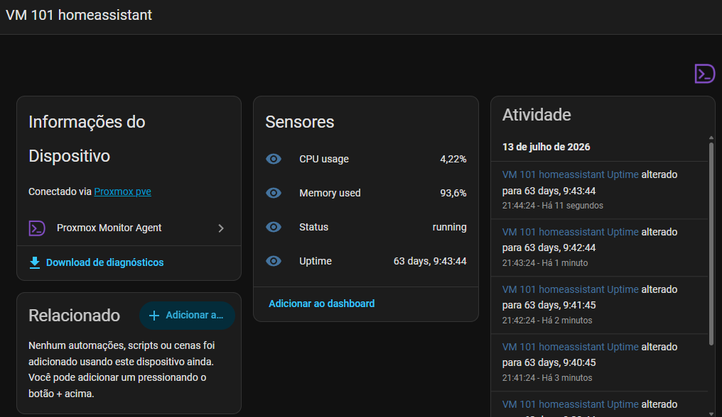 Entidades de uma VM ou LXC no Home Assistant
