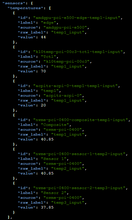 Trecho de sensors.temperatures no JSON do PMA